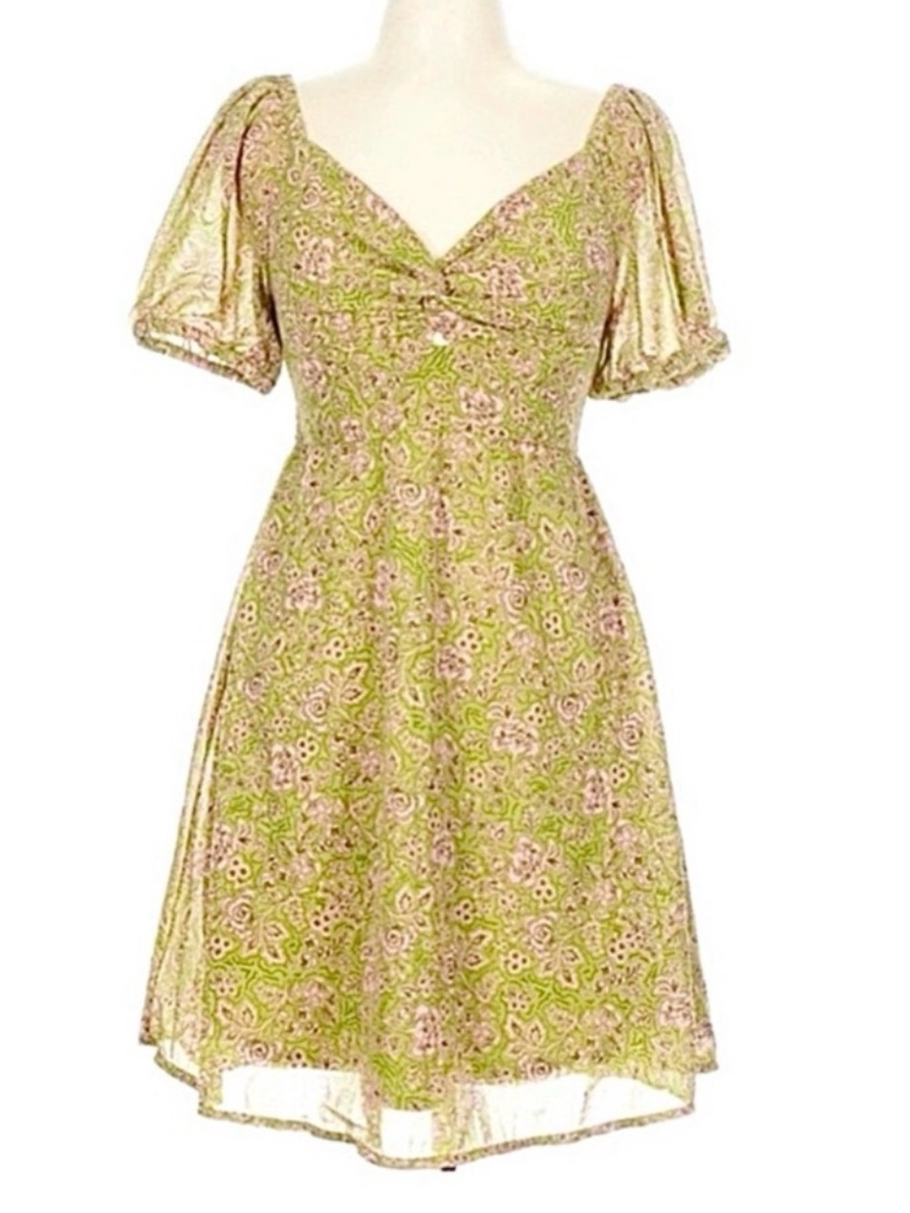 JAPNA ~ Floral Green and Pink Short Elastic Sleeve Dress Sheer Bodice Lined